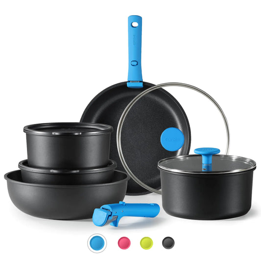 CAROTE Pots and Pans Set Non Stick Cookware Sets 11pcs Kitchen Set Oven/Fridge Safe Space Saving Pots Set Nonstick Set with Versatile Removable/Detachable Handle Induction RV Set Wave Blue