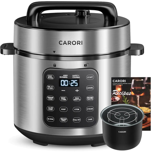 CARORI 9-in-1 Electric Pressure Cooker 6 Qt Programmable Multi-Function Cooker with Safer Vent Olla de Presion Rice Cooker Slow Cooker Steamer Sauté Warmer & Sterilizer 1000W Stainless Steel