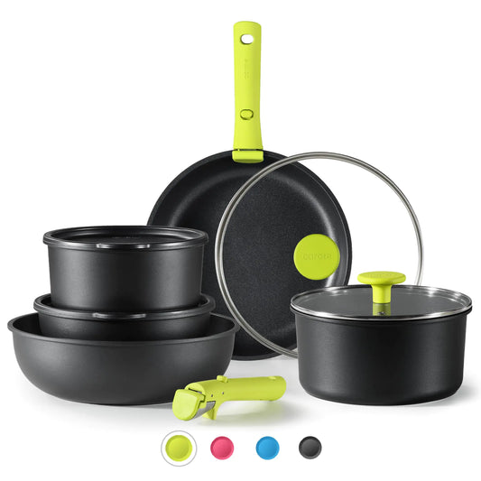 CAROTE Pots and Pans Set Non Stick Cookware Sets Oven/Fridge Safe Space Saving Pots Set 11pcs Kitchen Set Nonstick Set with Versatile Removable/Detachable Handle Induction RV Set Chartreuse